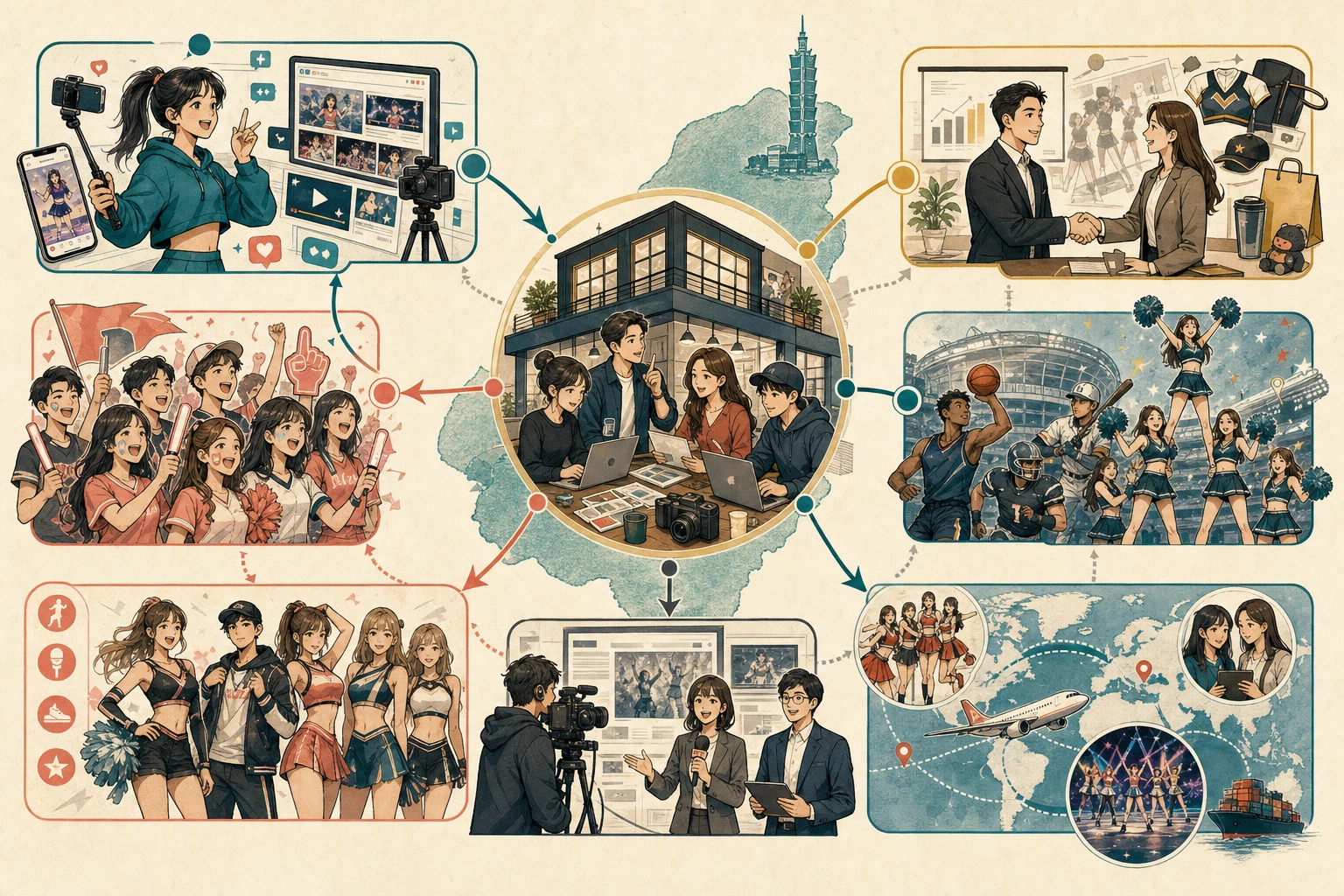 Creator-led cheerleading business ecosystem illustration