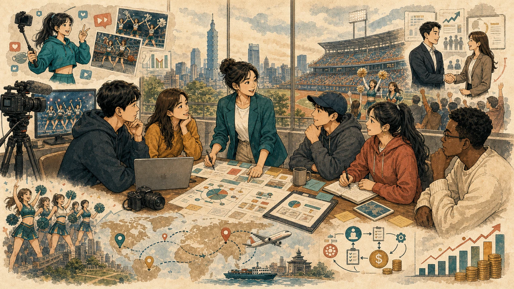 Non-portrait editorial illustration of a creator, stadium, platform, and company operations