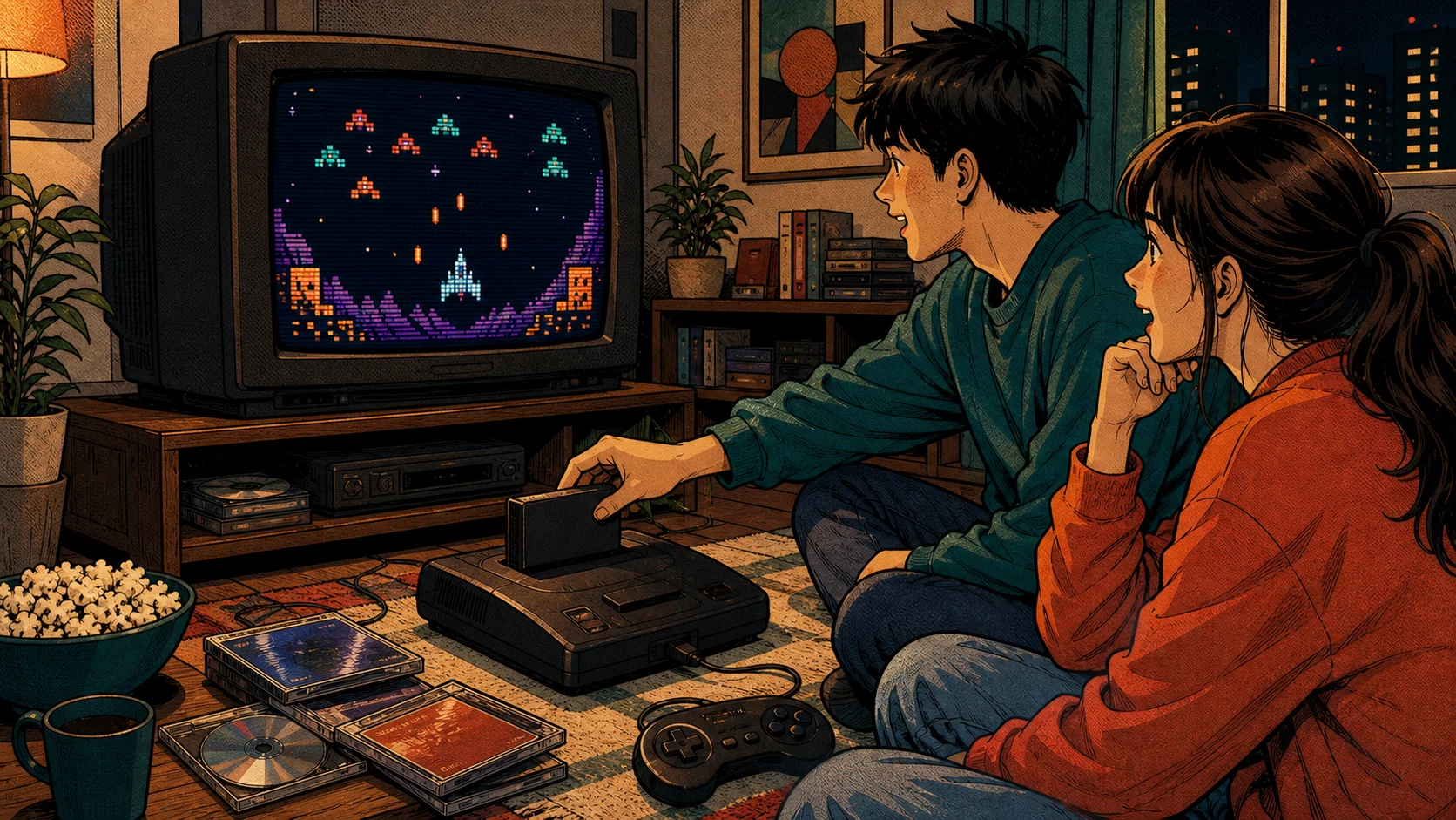 A retro living room with a cartridge game console, CRT television, game controller, cartridges, and compact discs