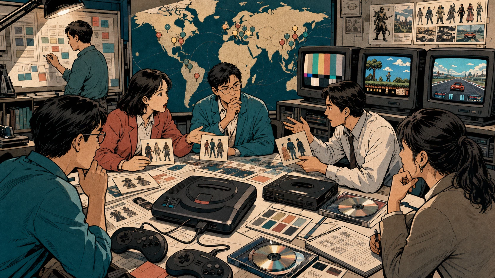 A cross-functional team comparing console versions, game art, displays, and a world map