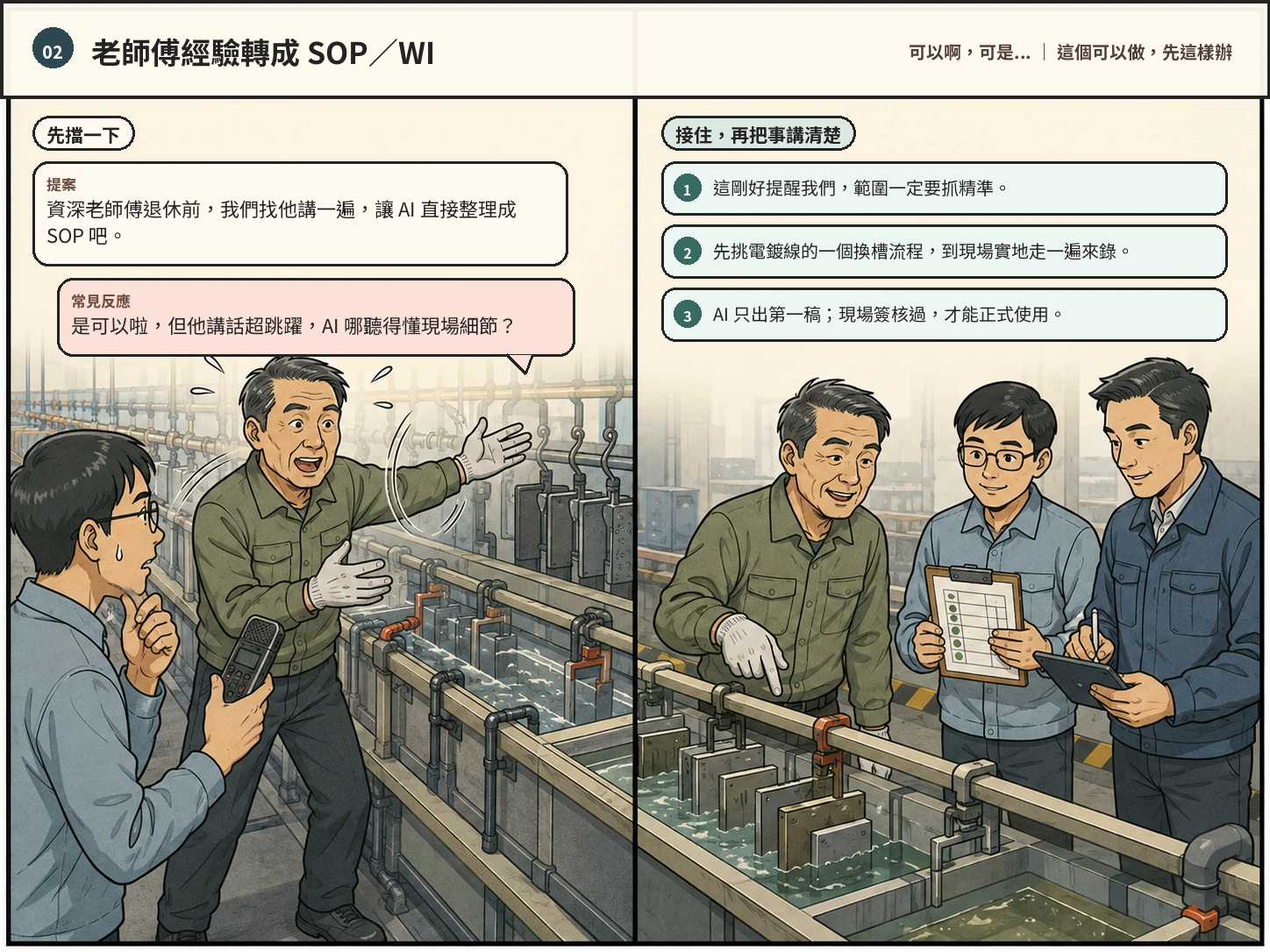 老師傅經驗轉成 SOP 與 WI 雙格漫畫