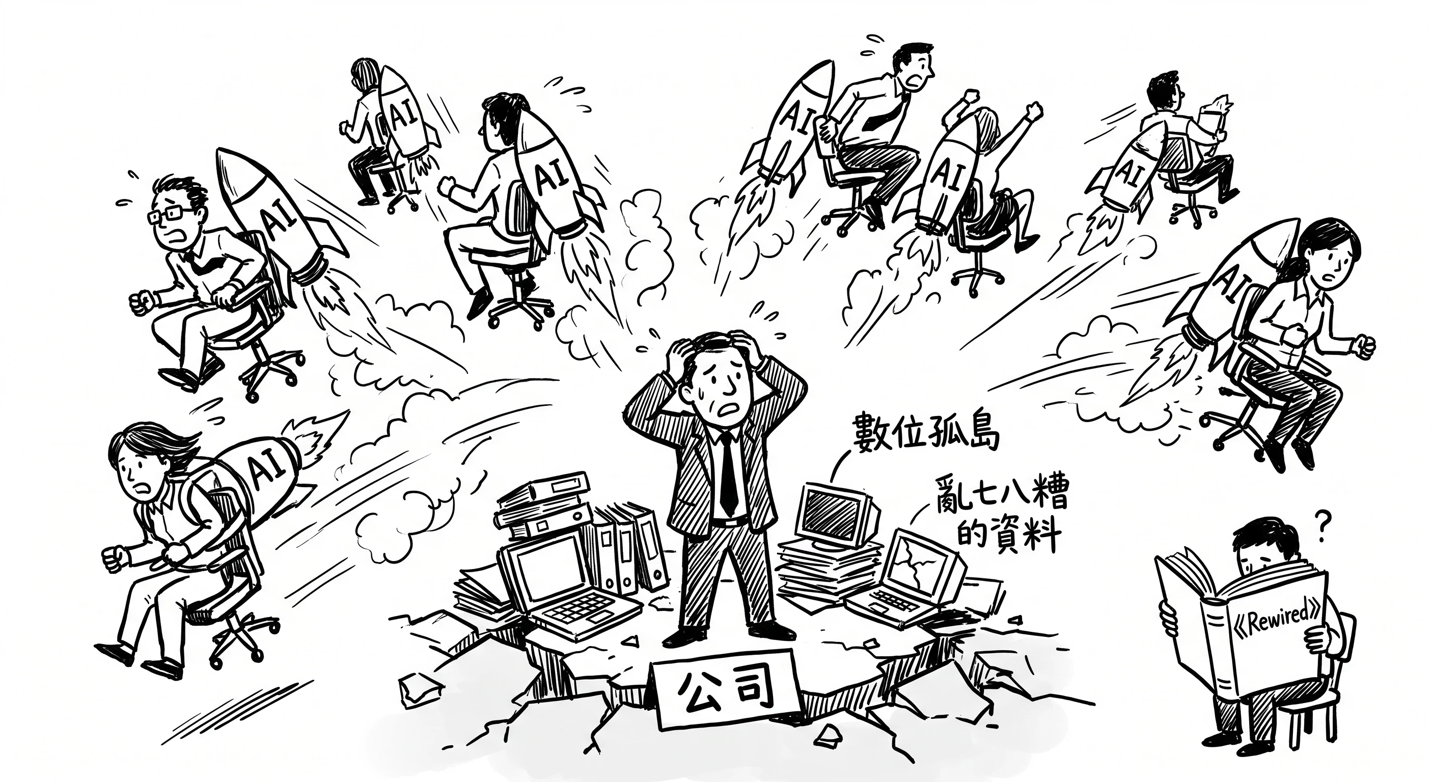 每個人都坐著裝有 AI 火箭推進器的辦公椅,往四面八方、毫無章法地高速四散奔跑。